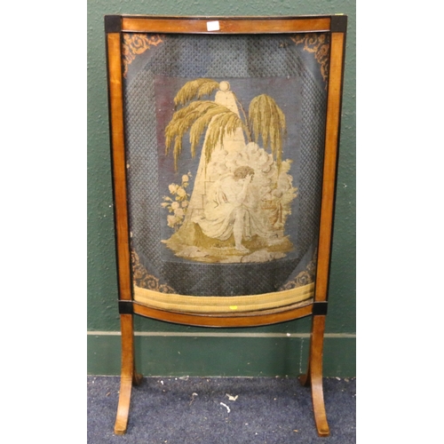 538 - Antique bow fronted firescreen with ebonised borders and inset tapestry panel raised on splayed supp... 