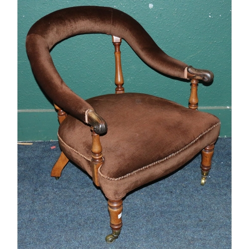 540 - Victorian rosewood framed yoke back parlour armchair with scroll arms raised on turned supports capp... 