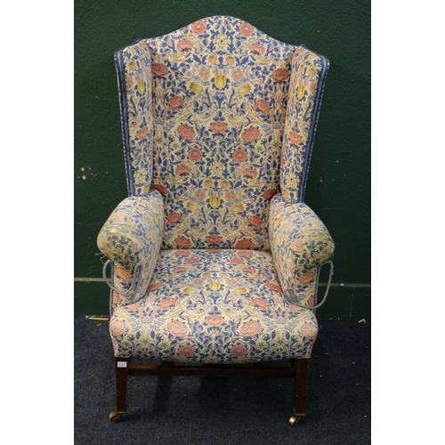 542 - Late 19th century mahogany framed fireside wing chair upholstered in William Morris style Art Nouvea... 