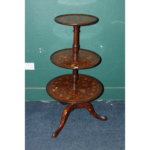 545 - 19th century mahogany and marquetry inlaid circular three tier dumb waiter, three dish tops inlaid w... 