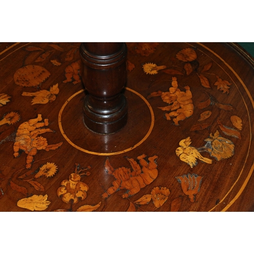 545 - 19th century mahogany and marquetry inlaid circular three tier dumb waiter, three dish tops inlaid w... 