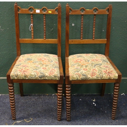 549 - Pair of Gothic revival mahogany side chairs with pierced quatrefoil rail, bobbin spars, tapestry sea... 