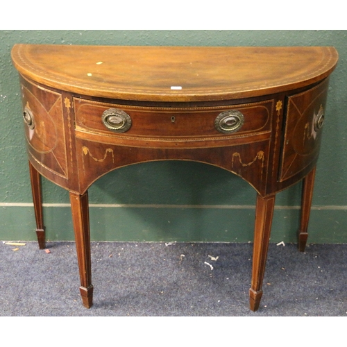 562 - 19th century Sheraton style mahogany and marquetry inlaid demi lune side table having single frieze ... 