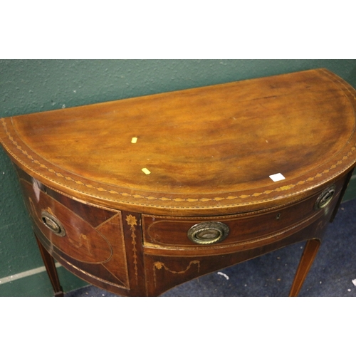 562 - 19th century Sheraton style mahogany and marquetry inlaid demi lune side table having single frieze ... 