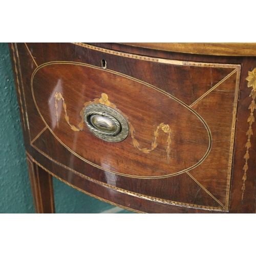 562 - 19th century Sheraton style mahogany and marquetry inlaid demi lune side table having single frieze ... 