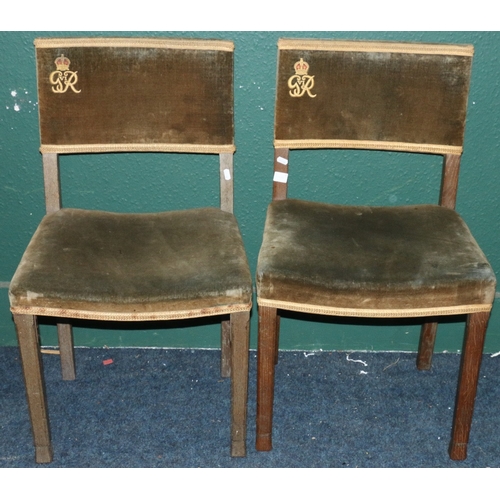 566 - Pair of George VI Coronation chairs with GVIR cypher, on stamped 