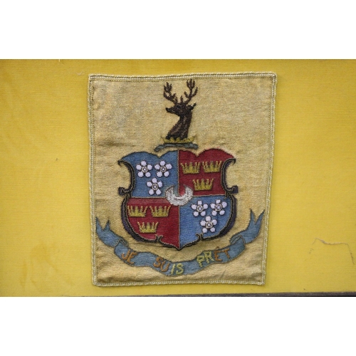 568 - Arts and Crafts oak trestle fire screen wit inset bead work panel depicting Clan Fraser crest with 