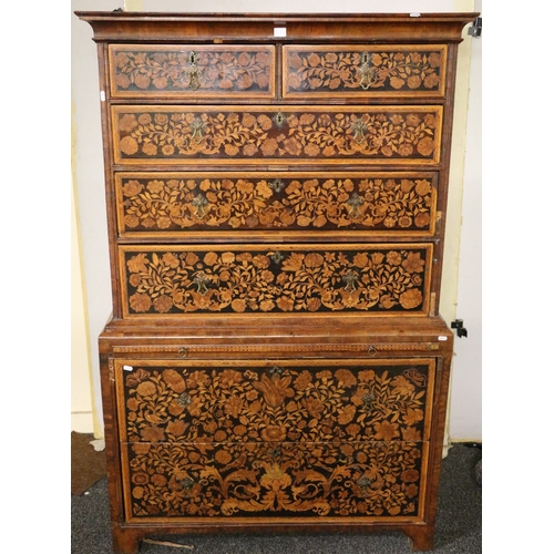 570 - William and Mary style mixed wood marquetry chest on chest with allover floral and insect marquetry,... 