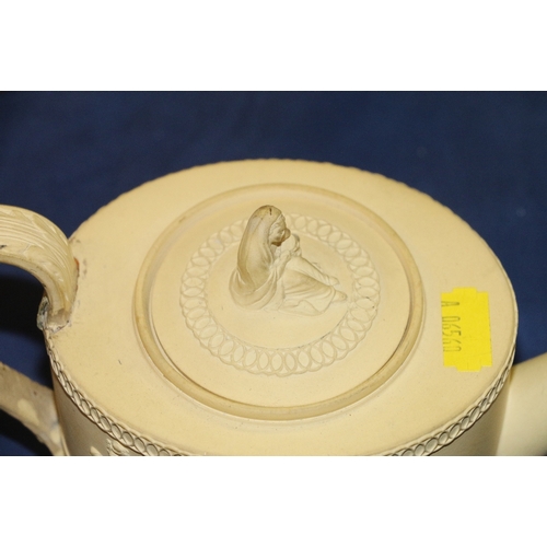 262 - 19th century Elijah Mayer caneware teapot decorated with classical scenes and with figural lid, 