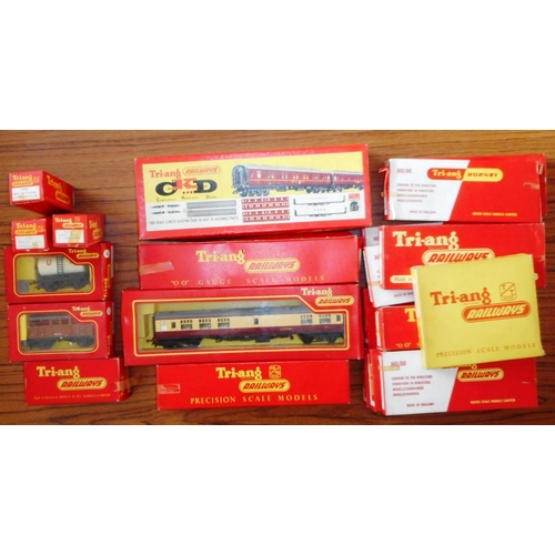 139 - Tri-ang Railways. Box of various rolling stock, carriages, points etc. Mostly boxed.