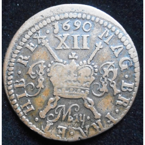 185 - Ireland. Shilling. James II. Emergency issue 'Gun money'. May 1690. Ob. 2, Rev. 2. (SC IESH-475)