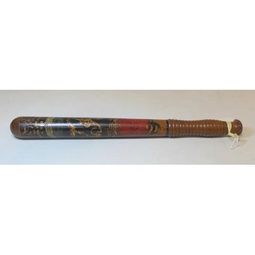 73 - Victorian Military Police painted wooden truncheon decorated in polychrome and gilt, with crown over... 