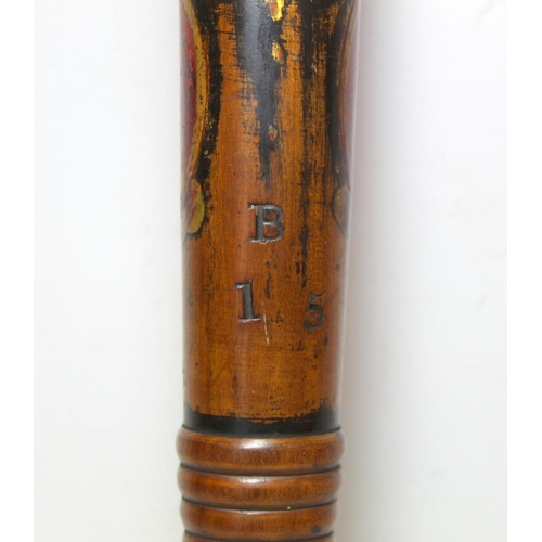 73 - Victorian Military Police painted wooden truncheon decorated in polychrome and gilt, with crown over... 