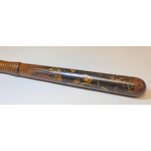 73 - Victorian Military Police painted wooden truncheon decorated in polychrome and gilt, with crown over... 