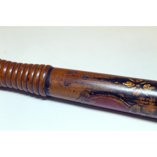 73 - Victorian Military Police painted wooden truncheon decorated in polychrome and gilt, with crown over... 