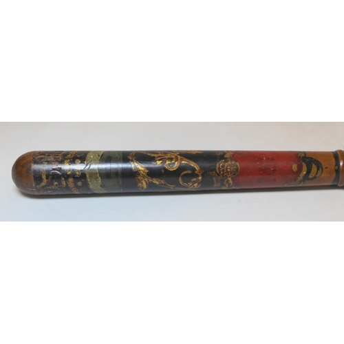 73 - Victorian Military Police painted wooden truncheon decorated in polychrome and gilt, with crown over... 