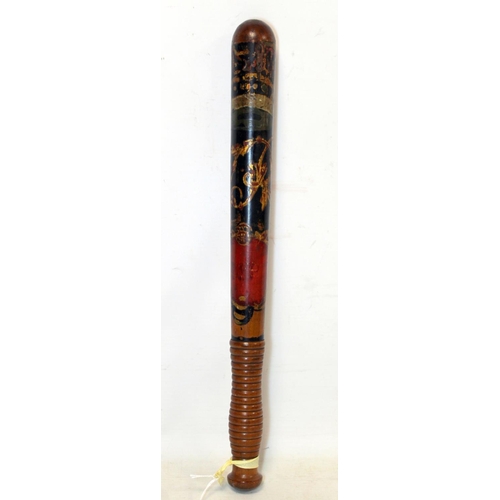 73 - Victorian Military Police painted wooden truncheon decorated in polychrome and gilt, with crown over... 