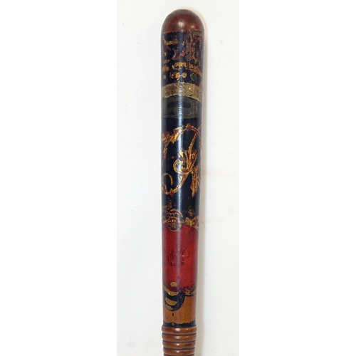 73 - Victorian Military Police painted wooden truncheon decorated in polychrome and gilt, with crown over... 