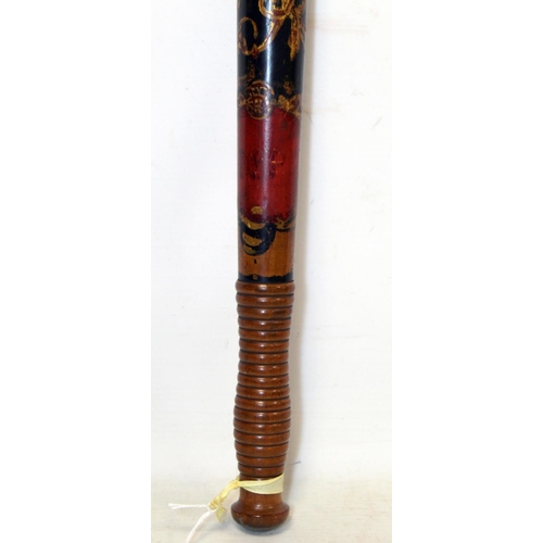 73 - Victorian Military Police painted wooden truncheon decorated in polychrome and gilt, with crown over... 