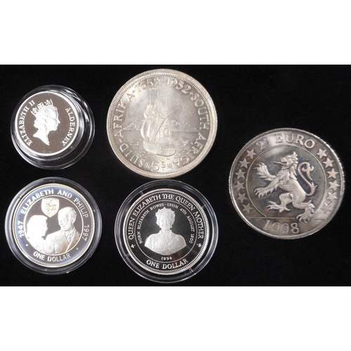 236 - Alderney. One pound. 1995. Silver Proof. Barbados. One dollar.1994, 1997. Both Silver Proof. South A... 