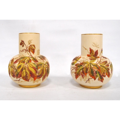 244 - Near pair of Royal Worcester vases, each with gilt rim, cylindrical neck, pot bellied waist, on foot... 