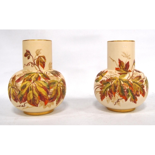 244 - Near pair of Royal Worcester vases, each with gilt rim, cylindrical neck, pot bellied waist, on foot... 