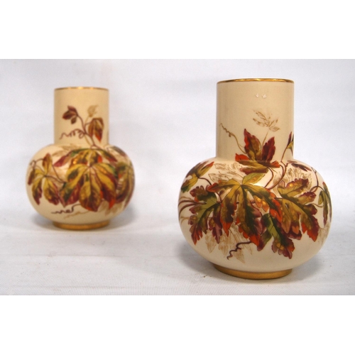 244 - Near pair of Royal Worcester vases, each with gilt rim, cylindrical neck, pot bellied waist, on foot... 