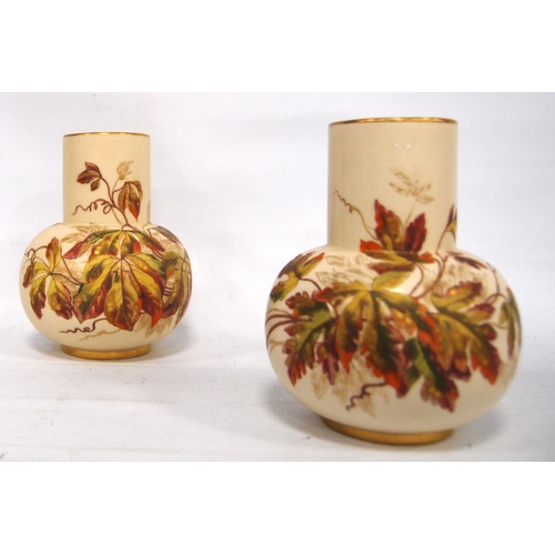 244 - Near pair of Royal Worcester vases, each with gilt rim, cylindrical neck, pot bellied waist, on foot... 