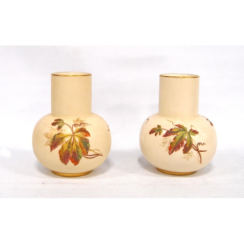 244 - Near pair of Royal Worcester vases, each with gilt rim, cylindrical neck, pot bellied waist, on foot... 