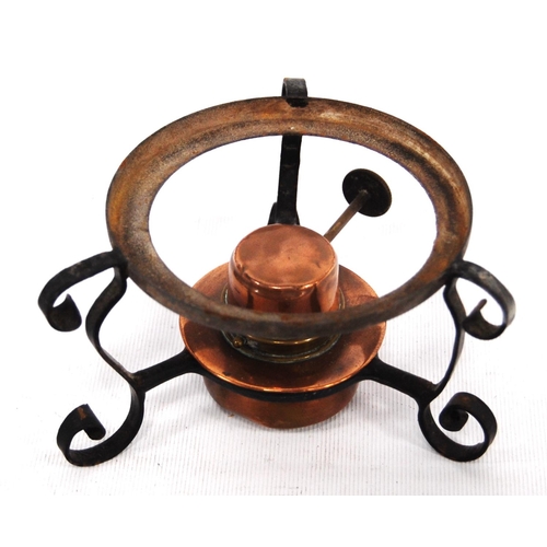 246 - 19th century Aesthetic copper jug on stand with scrolling legs over burner, 21cm high.