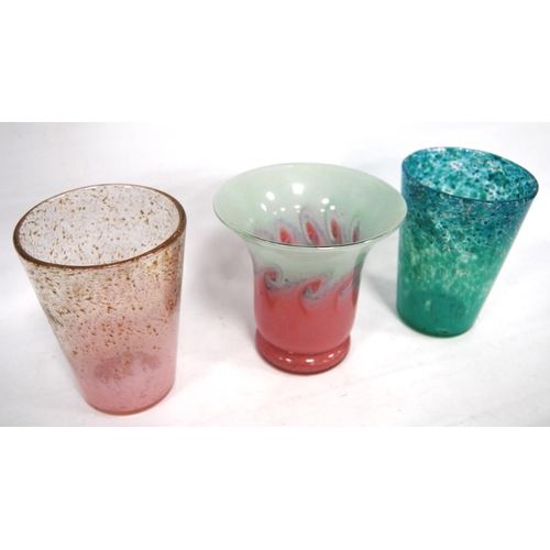 247 - Two Monart vases, each of tapering form, one in pinks, the other in green/blue; also a Vasart vase o... 