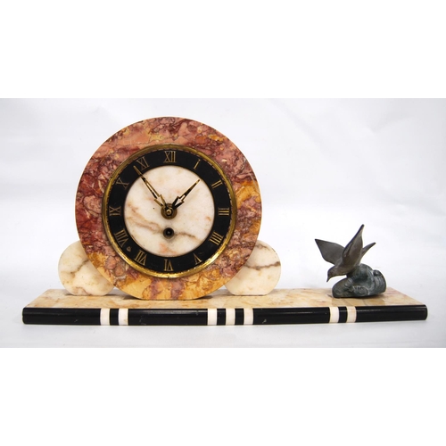 251 - Art Deco alabaster mantel clock with circular face, Roman numerals and cast bird, on plinth base, 44... 