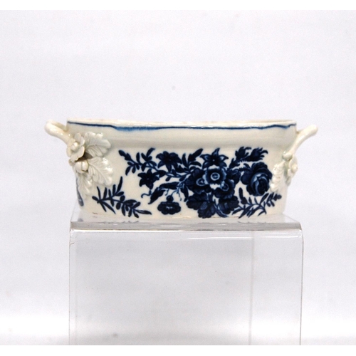 264 - Late 18th century Worcester butter tub of oval form with opposing handles, blue floral transfer deco... 