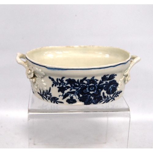 264 - Late 18th century Worcester butter tub of oval form with opposing handles, blue floral transfer deco... 