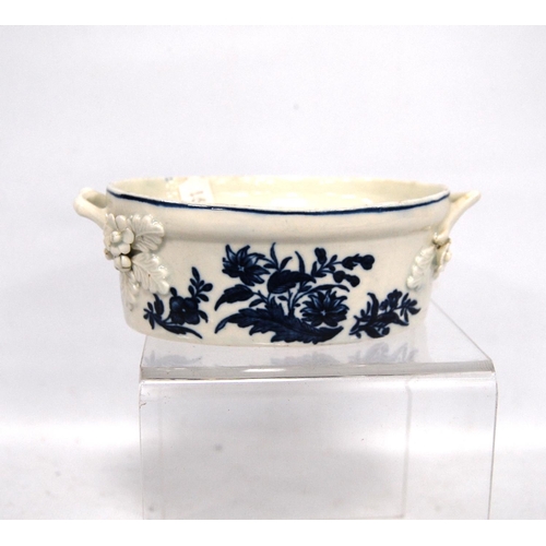 264 - Late 18th century Worcester butter tub of oval form with opposing handles, blue floral transfer deco... 