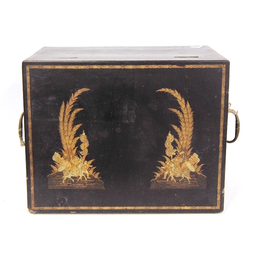 286 - Late 19th century oriental lacquered tea caddy decorated with gilt horses and foliage with lead lini... 