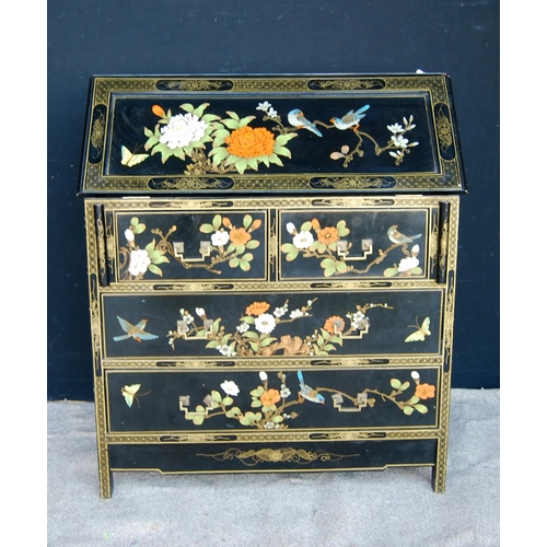 307 - Chinoiserie bureau decorated with birds and blossom, the panelled fall flap enclosing simple fitted ... 