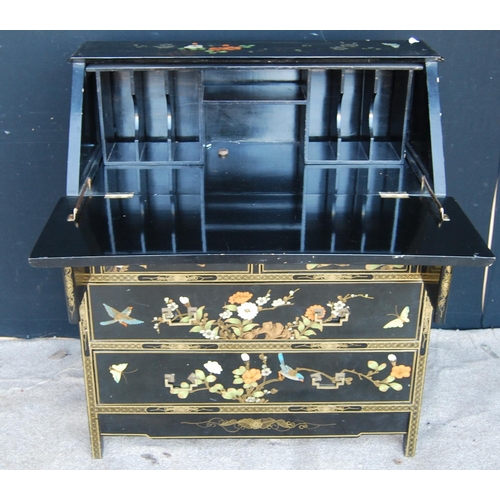 307 - Chinoiserie bureau decorated with birds and blossom, the panelled fall flap enclosing simple fitted ... 