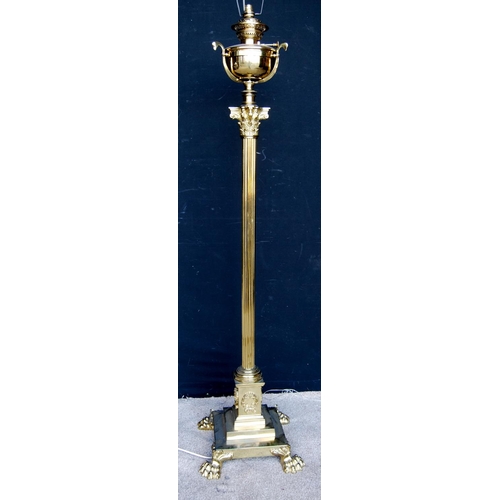 309 - Brass Corinthian column standard lamp with paraffin bowl over fluted column, stepped plinth base and... 