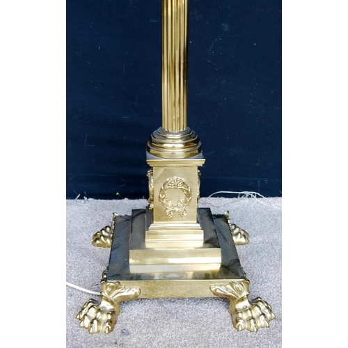 309 - Brass Corinthian column standard lamp with paraffin bowl over fluted column, stepped plinth base and... 