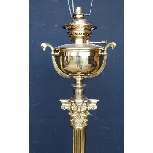 309 - Brass Corinthian column standard lamp with paraffin bowl over fluted column, stepped plinth base and... 