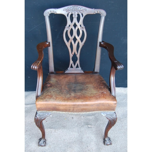 318 - Early 20th century Chippendale style open armchair with floral carved arched top rail over pierced v... 