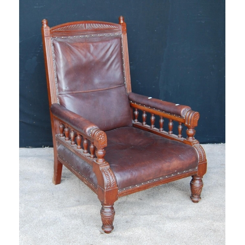 320 - Late Victorian mahogany and faux leather gent's armchair with arched top rail flanked by turned fini... 