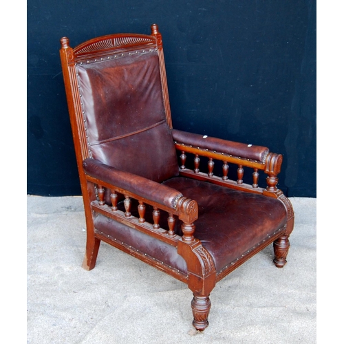 320 - Late Victorian mahogany and faux leather gent's armchair with arched top rail flanked by turned fini... 