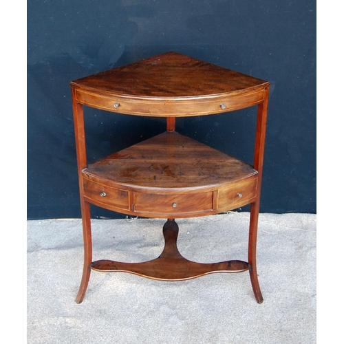 321 - Regency mahogany corner stand with bowfronted top over open shelf, boxwood strung frieze drawer and ... 