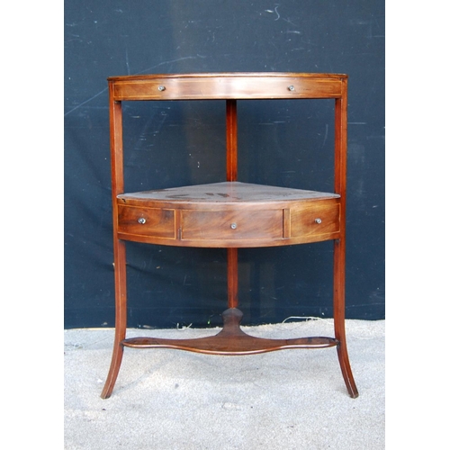 321 - Regency mahogany corner stand with bowfronted top over open shelf, boxwood strung frieze drawer and ... 