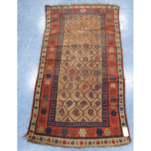 346 - Talish rug, c. 1850, with lattice work field, beige ground and triple border, 203cm x 95cm.