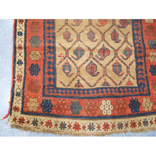 346 - Talish rug, c. 1850, with lattice work field, beige ground and triple border, 203cm x 95cm.