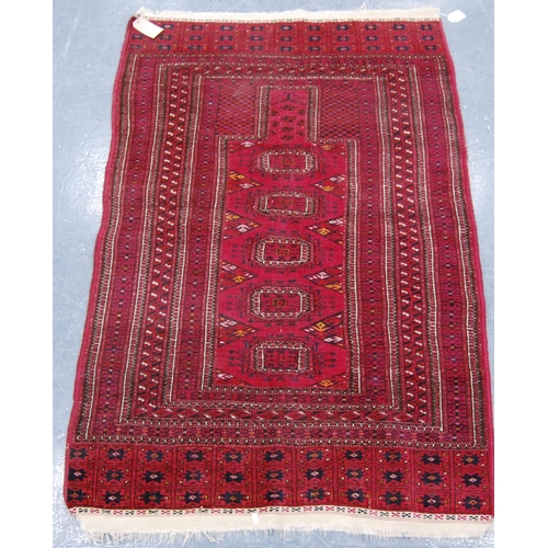 348 - Belouch prayer rug with five guls, square mihrab, multiple border and star ends, 159cm x 99cm.