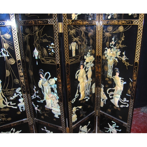 352 - Oriental lacquered four-fold screen with applied floral and Geisha decoration, 180cm wide and 180cm ... 